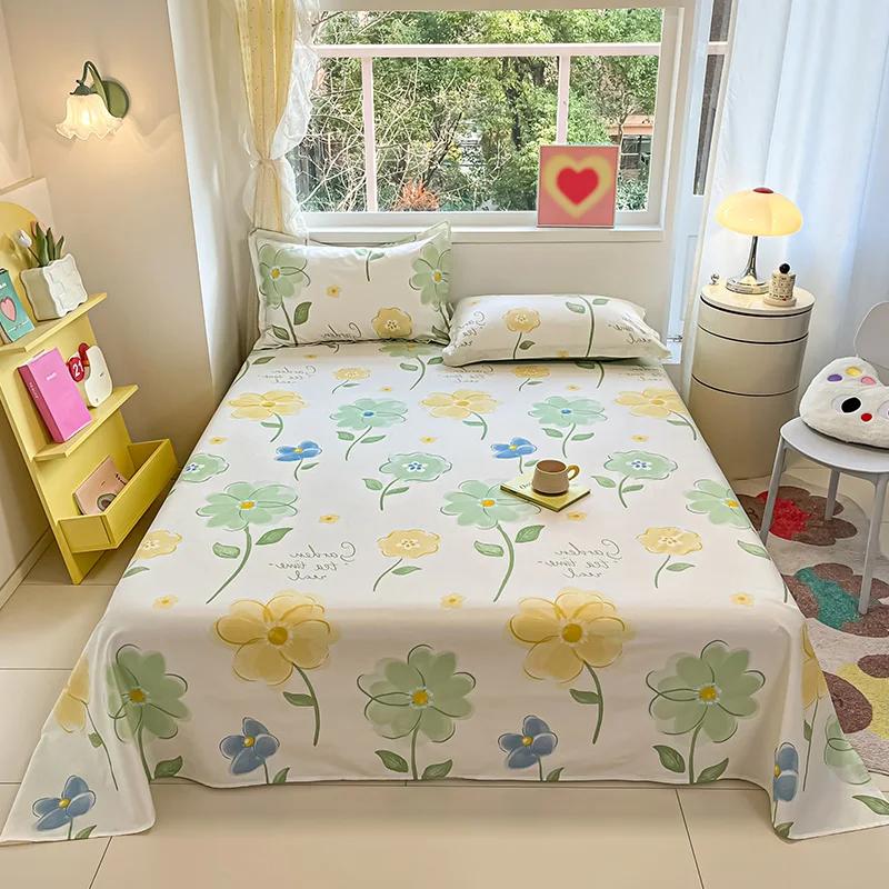 Botanical Floral Flat Sheet Twin Queen Garden Flower Bed Sheet Set Soft Cotton Pastoral Wildflowers Bed Cover with 2 Pillowcases