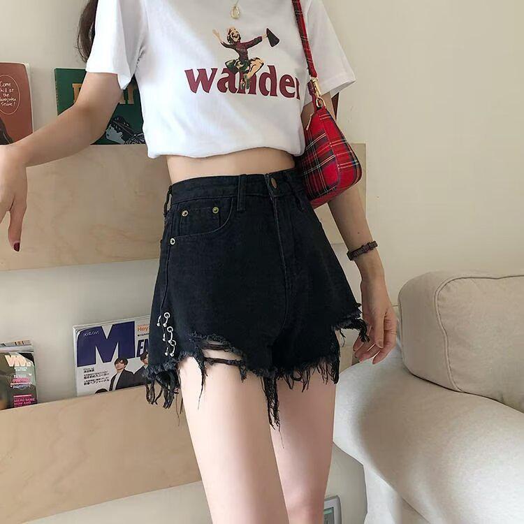 

Стираемые Шорты из Денима с Молнией, Натуральная Талия, Рваные, Свободного Кроя, с Необработанным Краем, Широкие Штанины M: 95-108 lbs чёрный