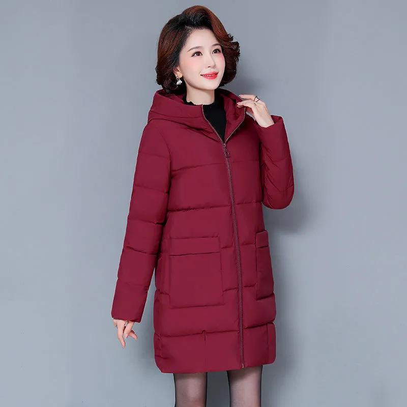 Dámský zimní teplý kabát s kapucí ve střední délce, jednoduchý kabát pro ženy středního a staršího věku