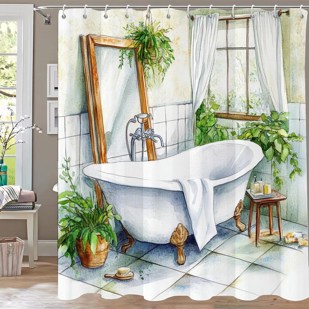 Tropical Plants Bathtub Shower Curtain, Green Leaves Art Bathroom Decorative Curtain, Printed Polyester Curtain with Hooks