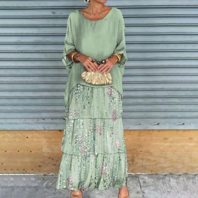 Evenig Dress Layered Scattered Cake Hem Contrast Color Printing Half Sleeves Maxi Dress