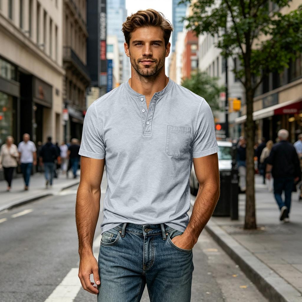 Men's Cotton Short Sleeve Henley Shirt Large Size Casual Pocket T-Shirt Lightweight Breathable Summer Top