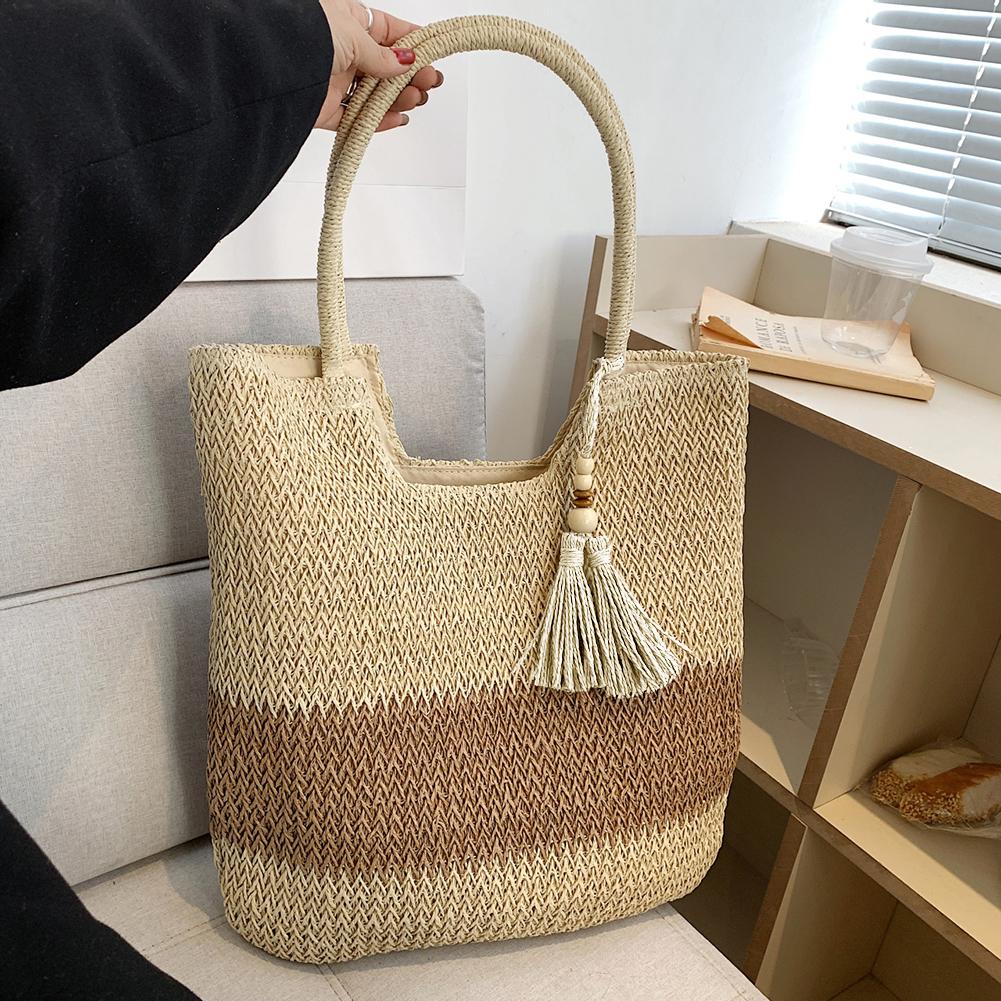 Summer Top-handle Bag Contrast Color with Tassels Beach Vacation Bags Large-Capacity Handmade Fashion Simple for Seaside Holiday