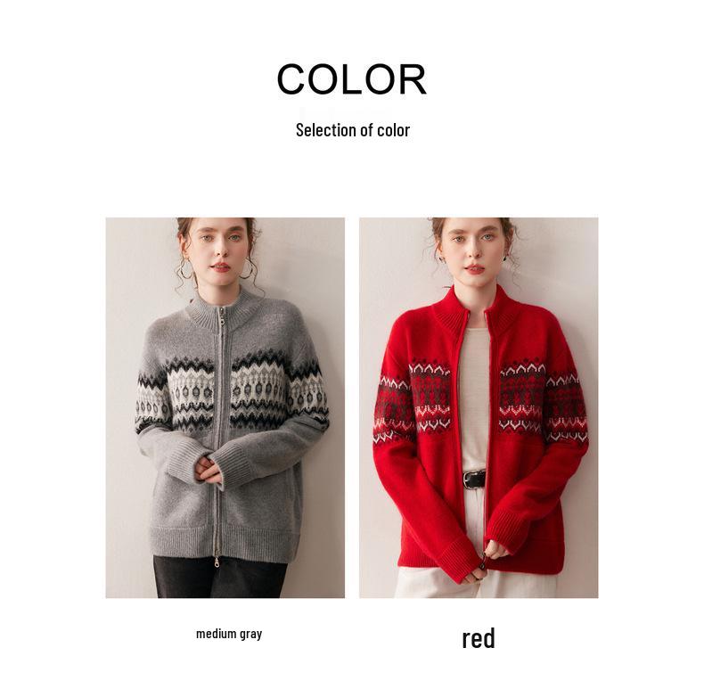 Fair Isle Jacquard Double Zipper Cashmere Cardigan Sweater for Women