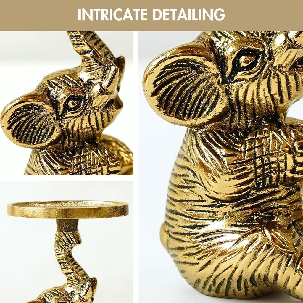 Metal Elephant Pillar Candle Holder Statue, Gold, 8 x 8 Cm