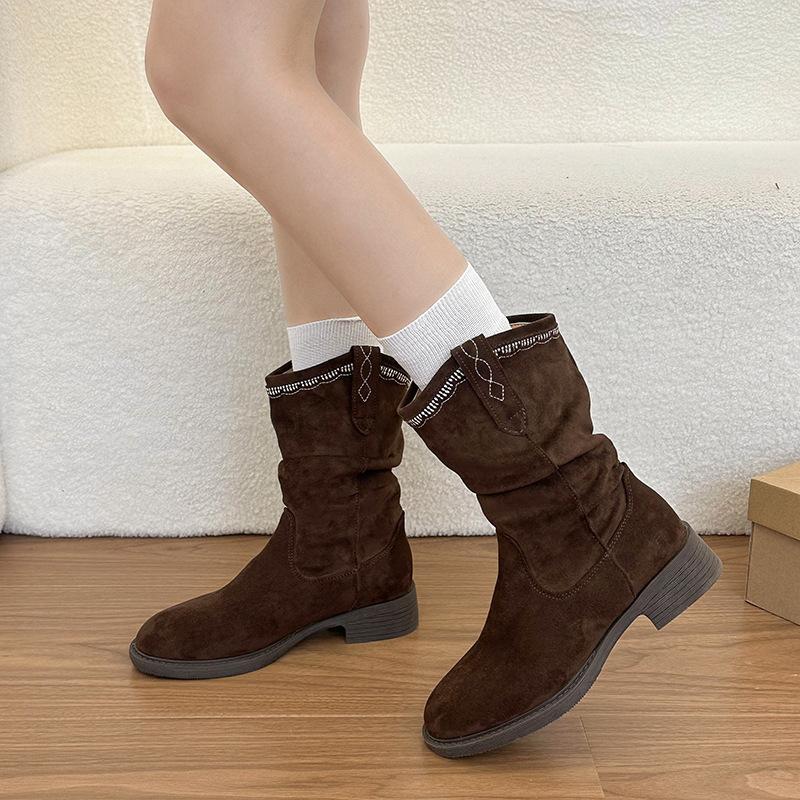Retro style stacking boots women's spring and autumn new fashion thick heel medium boots western cowboy boots knight fashion boots