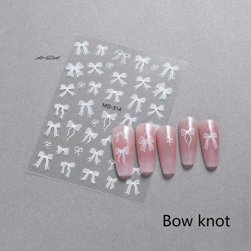 White Ribbon Bowknot 3D Embossed Relief Nail Art Decoration Stickers 1 Sheet Manicure Tool Decals for Creative Nail Design