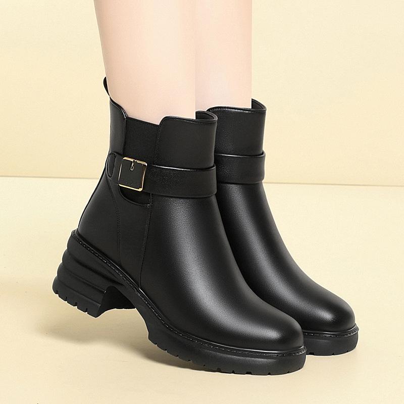 5cm Plus Size 35-43 Elegant Med Square Heels Genuine Leather Boots 2025 Winter Platform Shoes Warm Short Wool Ankle Boots Office