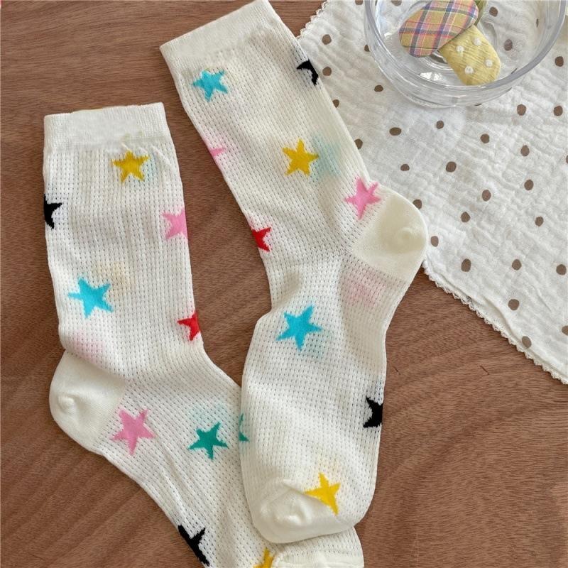 Girls Colorful Polka Dot Striped Socks Kids Mid Calf Socks Ins Trendy Pure Cotton Summer Thin Mesh Breathable Long Spring Summer