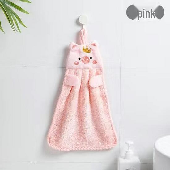Absorbent Lint-Free Coral Fleece Pig Hanging Towel - Cute Children's Hand Towel