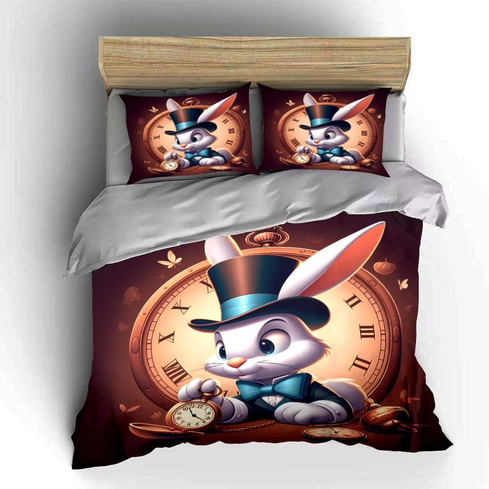White Rabbit Vintage Clock with Pocket Watch Print Bedding Set 1 Duvet Cover 2 Pillowcases for Adult and Children Luxury Gift