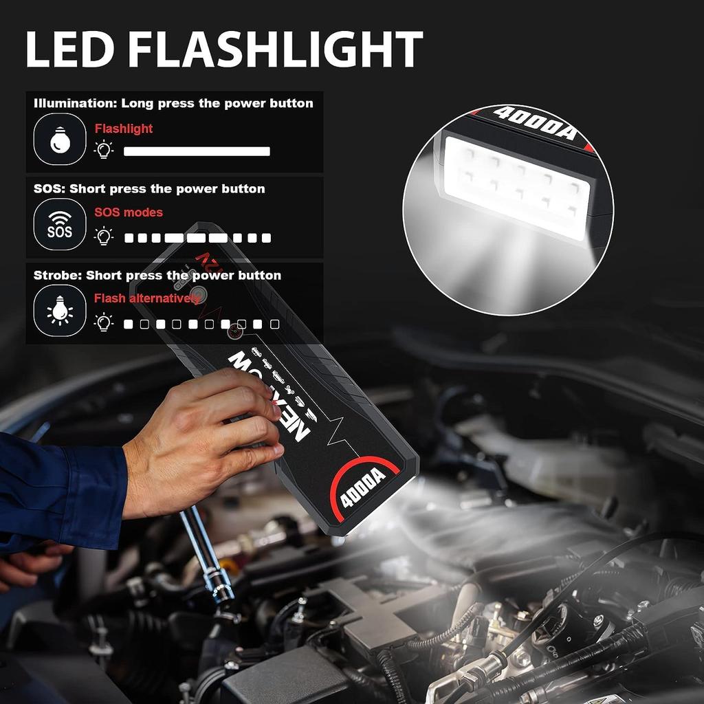 Car Jump Starter 4000A, Portable 12V Battery Booster for Gas & Diesel Engines up to 10.0L, with LED Light & USB QC3.0