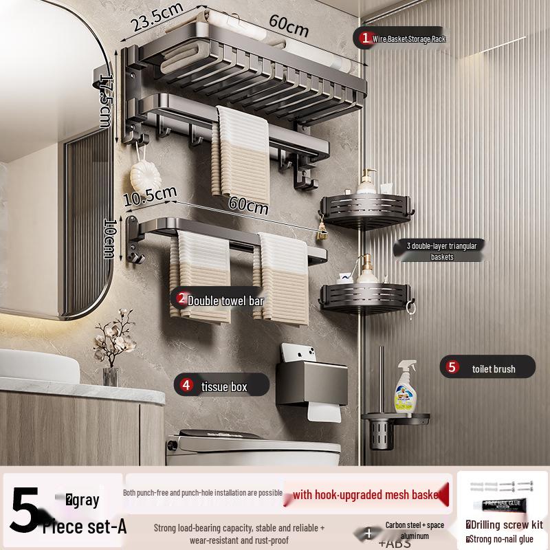 Gunmetal No-Drill Bathroom Towel Rack and Shelf Combo