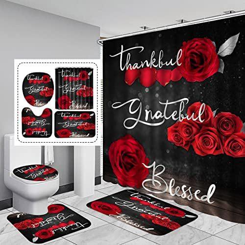4-Piece Blue Rose Shower Curtain Set, Thank You Blessing Bathroom Curtain With Non-Slip Carpet Toilet Cover Pad U-Shaped Pad
