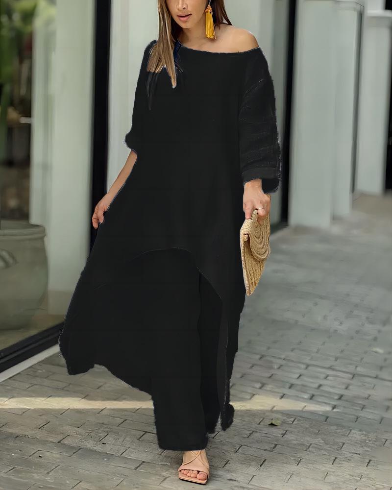 European Women's Cotton Linen Casual Plus Size Irregular Long Sleeve Top and Wide-Leg Pants Set