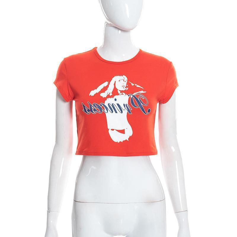 European and American Summer Round Neck Y2K Pullover Short Sleeved Printed Rhinestone Exposed Navel Casual Women's Top T-shirt