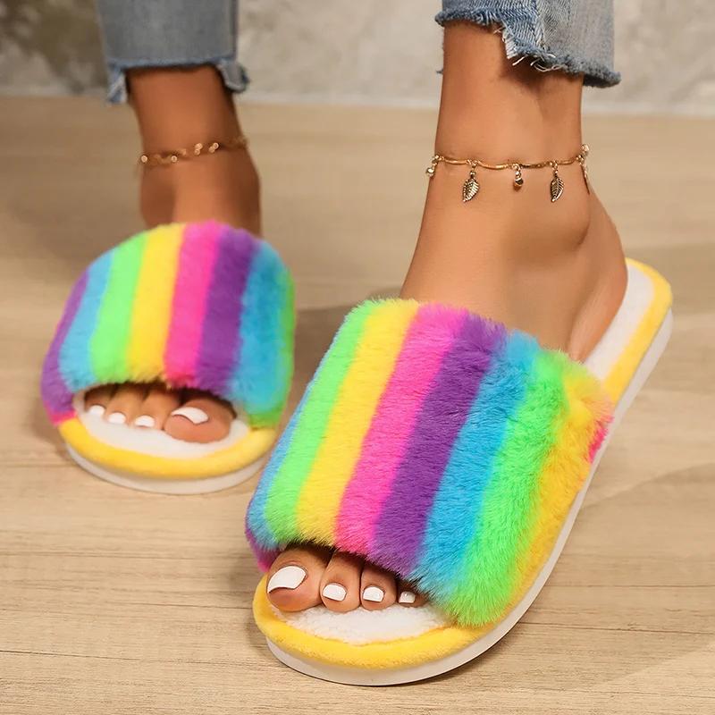 Fashion Fashion Cotton Slippers Mix Color Fur Slippers Women 2025 Open Toe Flat Heel Warm House Slippers Woman Lightweight Indoor Slides