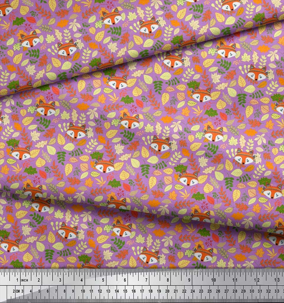 Soimoi Japan Crepe Satin Fabric Leaves & Fox Face Cartoon Printed Craft Fabric by the Metre 42 Inch