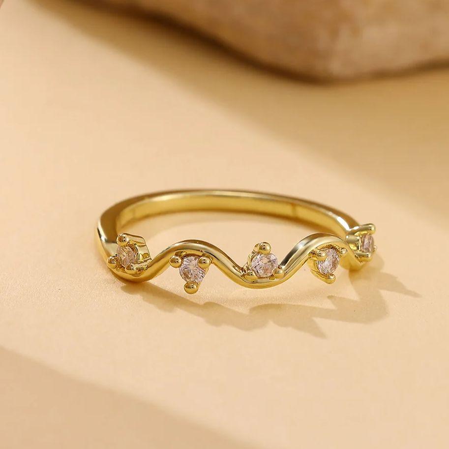 Zircon Geometric Wave Rings For Women Gold Color Stainless Steel Ring Hypoallergenic Wedding Christmas Jewelry Gift