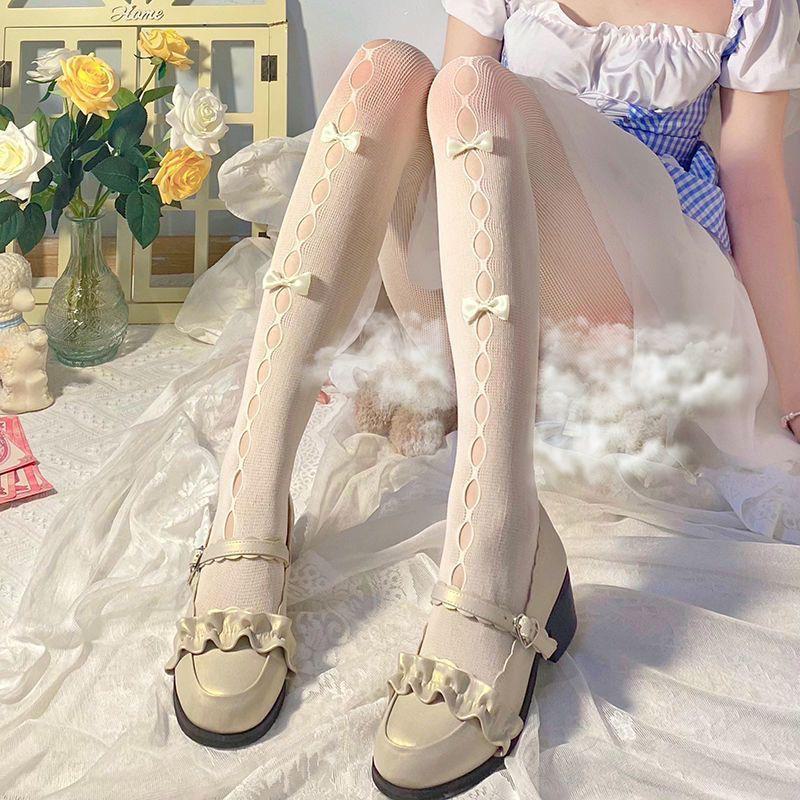 Y2K White Bow Hollow Out Stockings, Sweet Lolita Style, Spring/Autumn Black Silk Pantyhose
