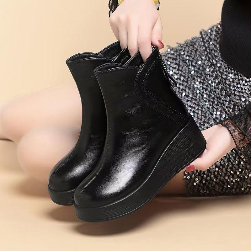 Women Genuine Leather Wedges Ankle Cotton Boots Winter New High Quality Thick Sole Round Toe Thicken Plush Keep Warm Snow Boots