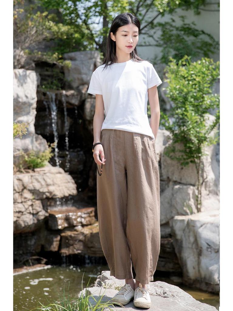Spring Summer Artistic Loose Sand-Washed Linen Casual Pants for Women - Slimming, Lightweight Meditation Lantern Style