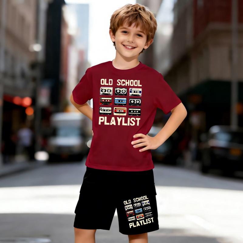 Boys 2 Piece Vintage-style Outfit, Short Sleeve T-Shirt and Shorts Set for Kids Age 5-14, Black and White Sporty Casual Summer Clothes