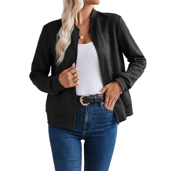 Women's Full Zip Up Jacket Long Sleeve Stand Collar Waffle Coat Casual Slim Fit Sweatshirt Fall Outerwear