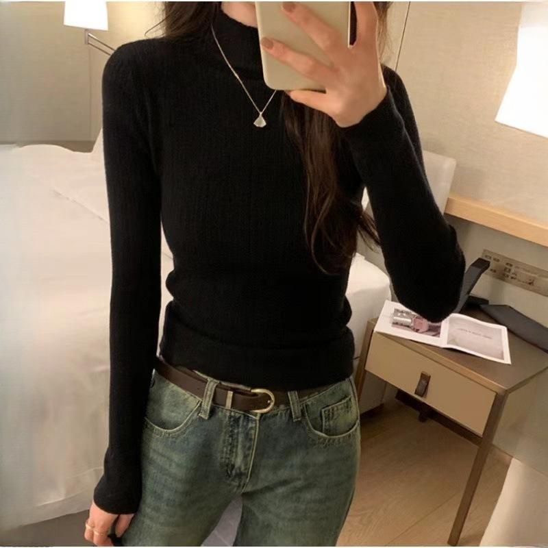Women's Slim-Fit Ribbed Knit Base Layer Thin Half-High Neck Sweater for Layering