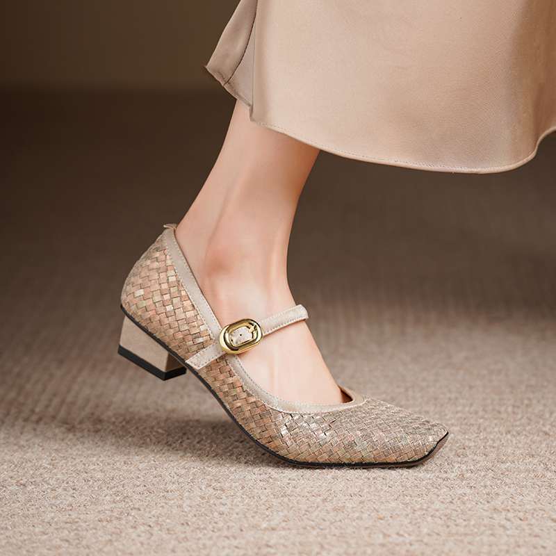 Krazing Pot Cow Skin Summer Spring Autumn Low Heels Women Square Toe Mary Janes Metal Buckle Shallow Pumps