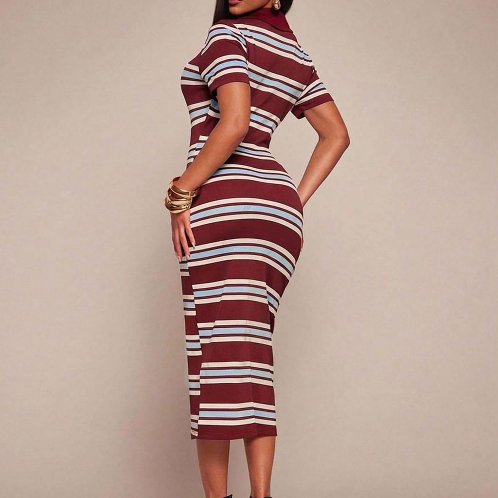 Women's New Polo Collar Striped Slim Fit Bodycon Midi Dress Short Sleeve Casual Stretch Fabric