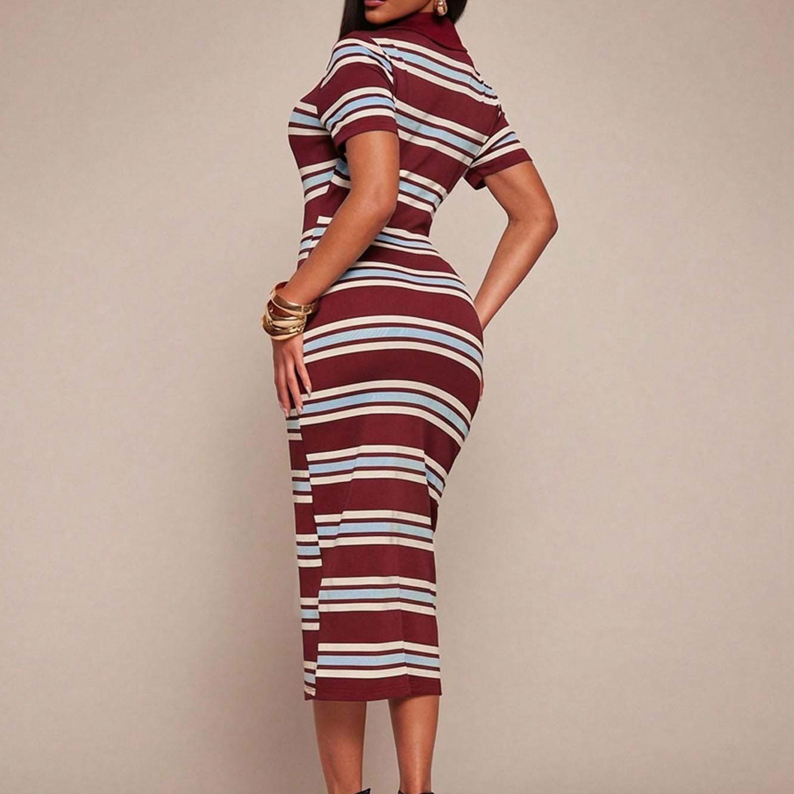 Women s New Polo Collar Striped Slim Fit Bodycon Midi Dress Short Sleeve Casual Stretch Fabric XL