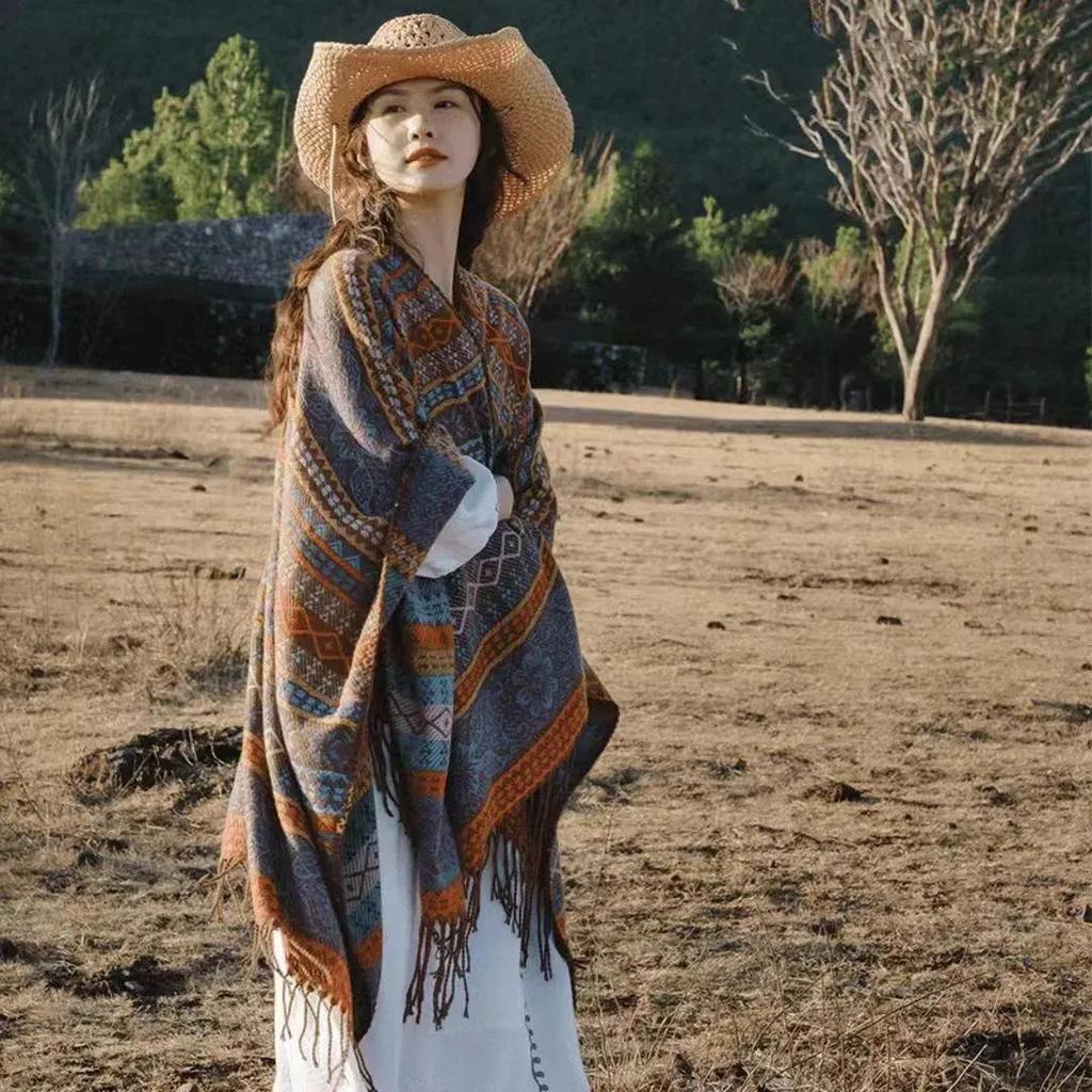 Ethnic Striped Cape: TikTok Trending Versatile Travel Shawl from Tibet & Yunnan - Warm & Stylish