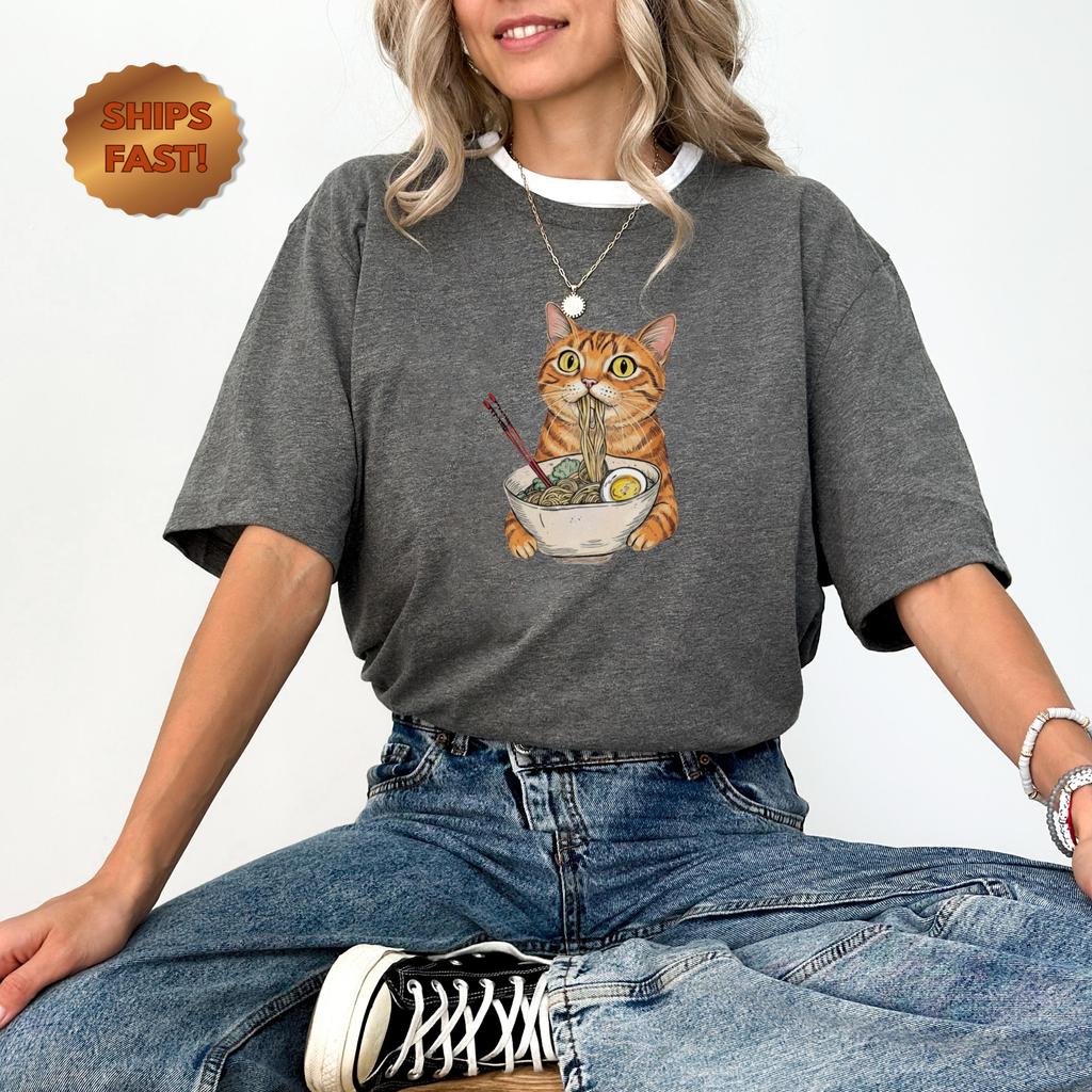 Cat Ramen Bowl T-Shirt, Cozy Hipster Fish Merch for Foodie Fans, Hand-Drawn