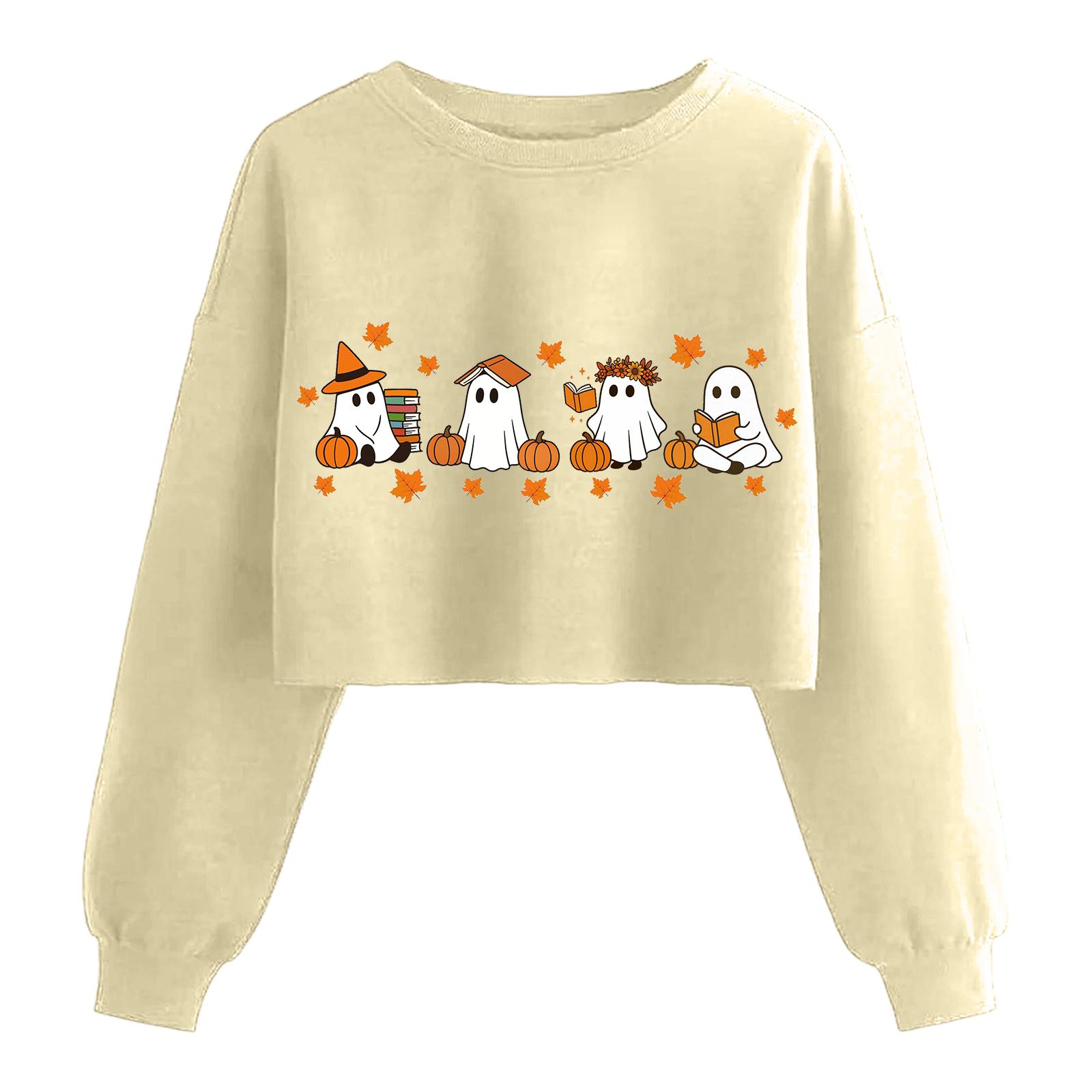 

Женский модный пуловер с длинным рукавом и принтом на Хэллоуин, открывающий живот L бежевый