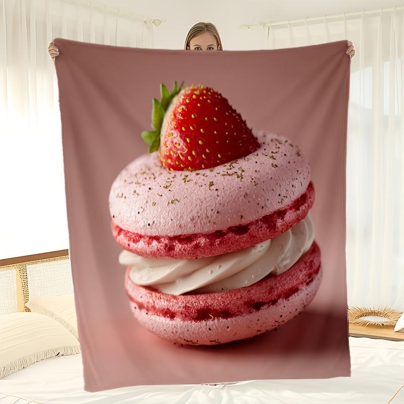 Erdbeer-Macaron-Kuchen-Muster Flanell bedruckte Decke geeignet für alle Jahreszeiten geeignet für Wohnzimmer Büro Sofa Reisen