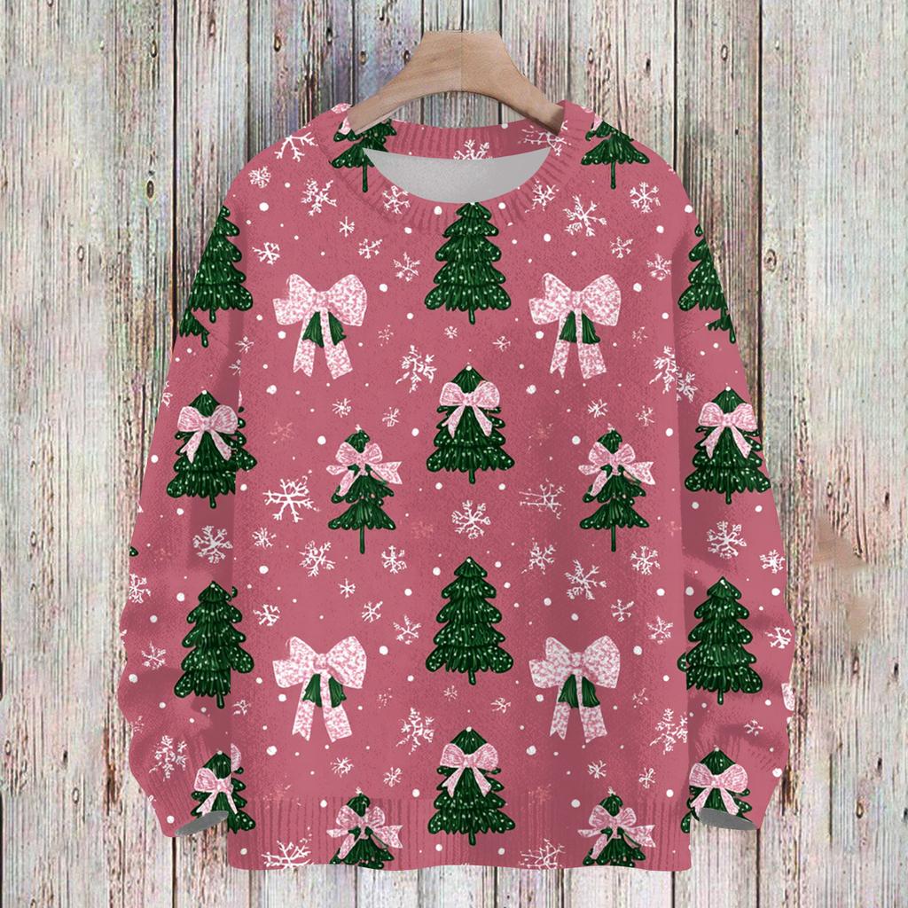 Ladies' Fashionable And Casual Christmas Cute Printed Round Neck Long Sleeved Knitted Yarn