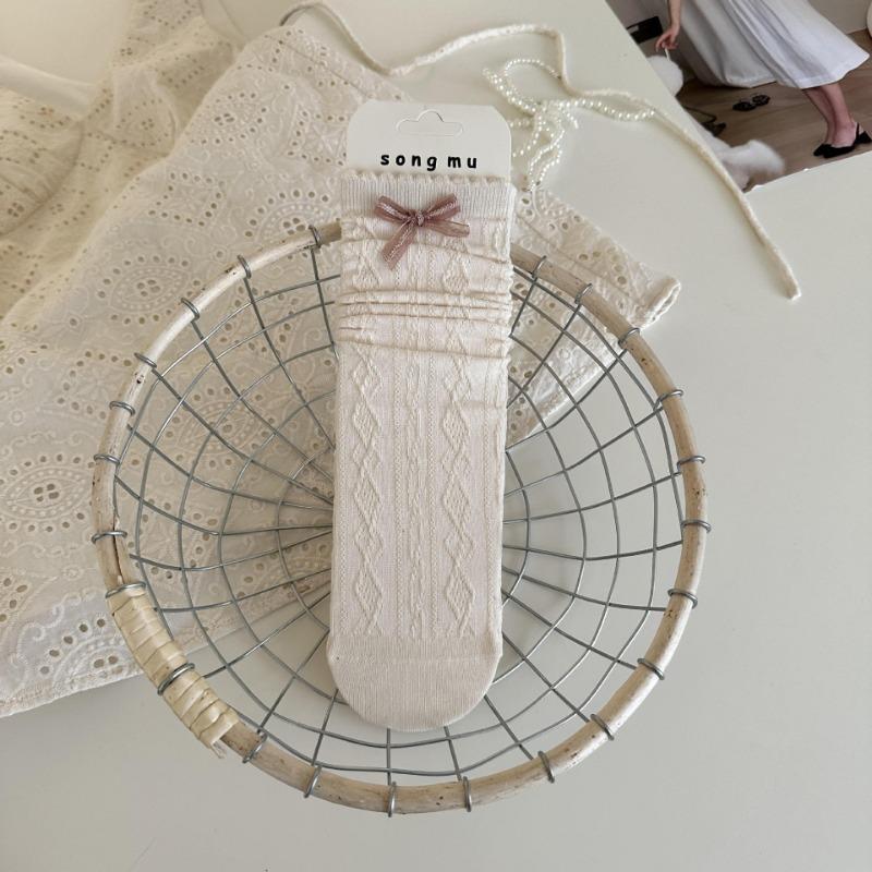 Female Spring and Autumn Sweet Light Pink Tie Bowtie Boneless In The Tube Pile Pile Socks