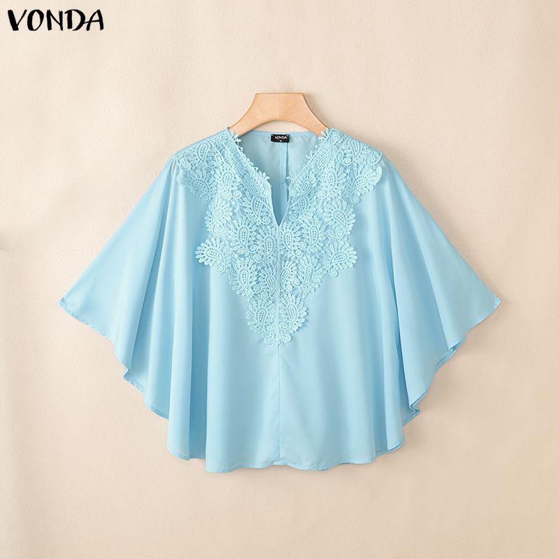 VONDA Summer Women V Neck 3/4 Batwing Sleeve Lace Crochet Casual Loose Blouse