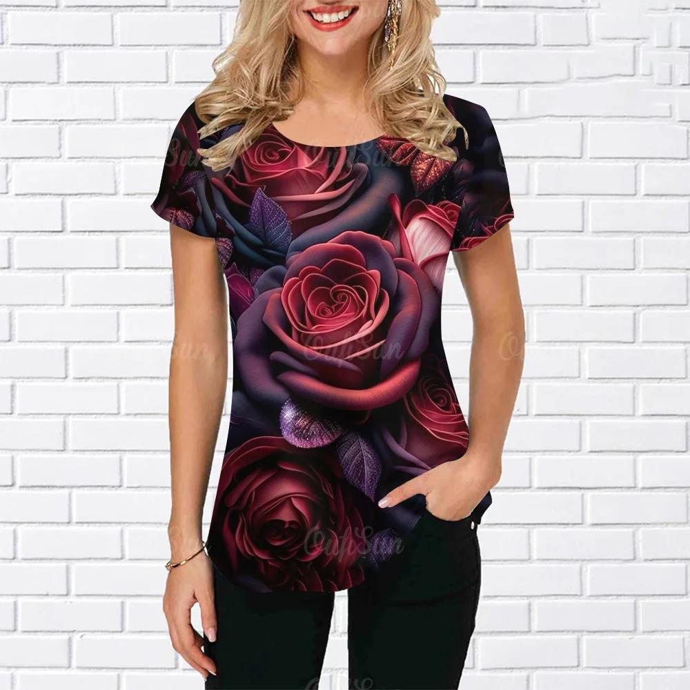 

Женская футболка с цветочным принтом, фиолетовая одежда для женщин, модные повседневные футболки с короткими рукавами, женские толстовки большого размера, топы с круглым вырезом 8XL