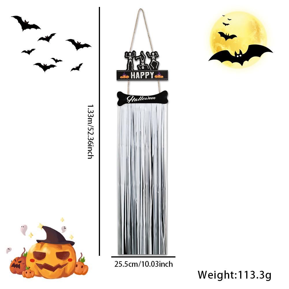 Halloween Eyecatching Wooden Sign With Rainy Tassels Featuring Bats Witches And Skeletons Decor For