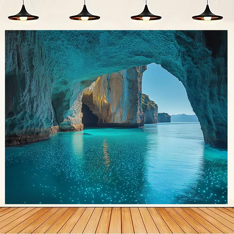 2D Glowing Ocean Cave Tapestry, Turquoise Water Rock Arch Background Cloth for Bedroom