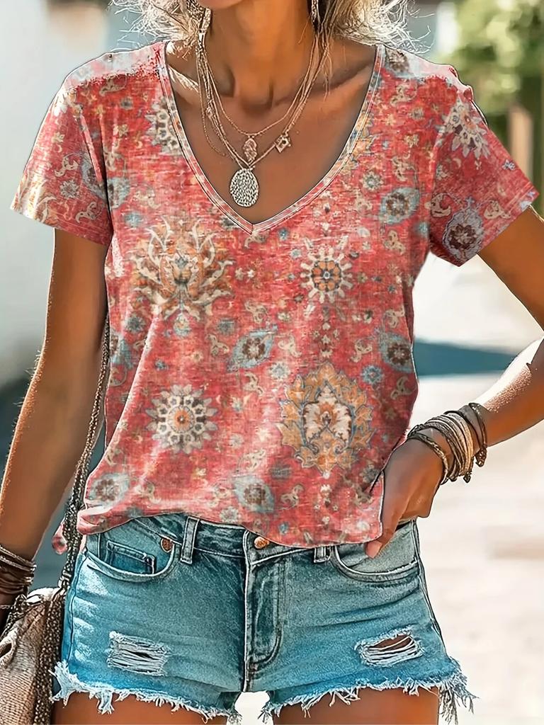 Summer Ladies Floral Print Oversized T-shirt Retro Fashion Casual Bohemian Style V-neck Short Sleeve