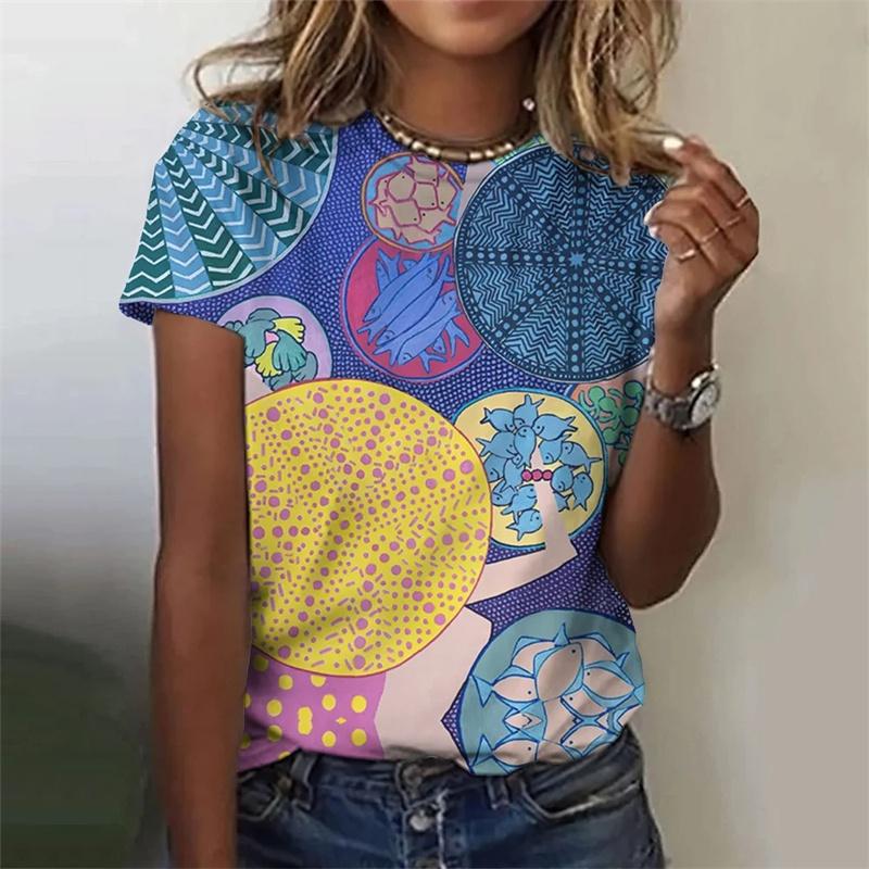3D printed colorful deer T-shirt for women with abstract geometric patterns