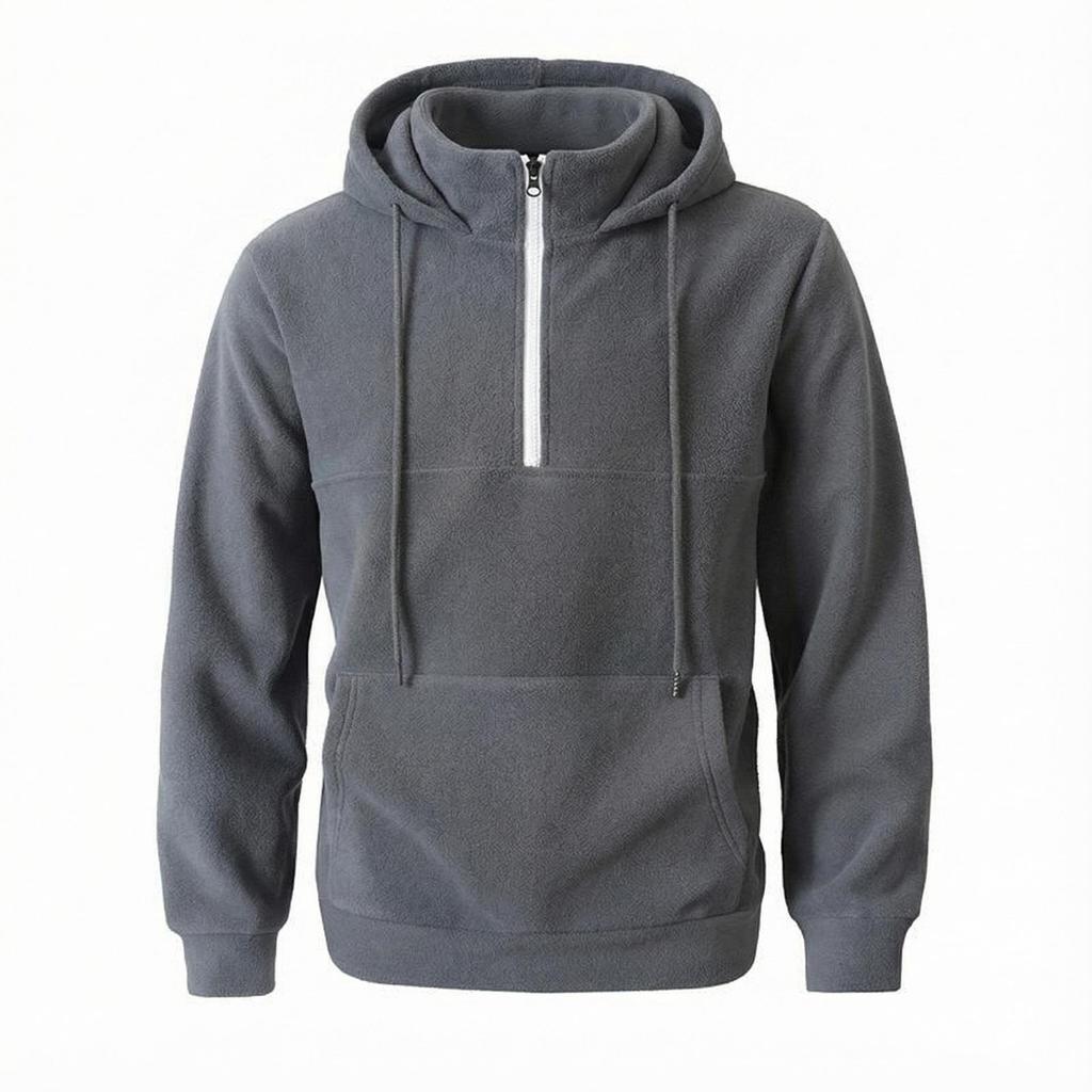Men's Thick Hooded Sweatshirt, Stand Collar Half-Zip, Long Sleeve, Autumn/Winter, European Size, Casual Style.