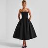 Women's Strapless Sleeveless Slim High Waist Pleated A Line Midi Dress Party Dress