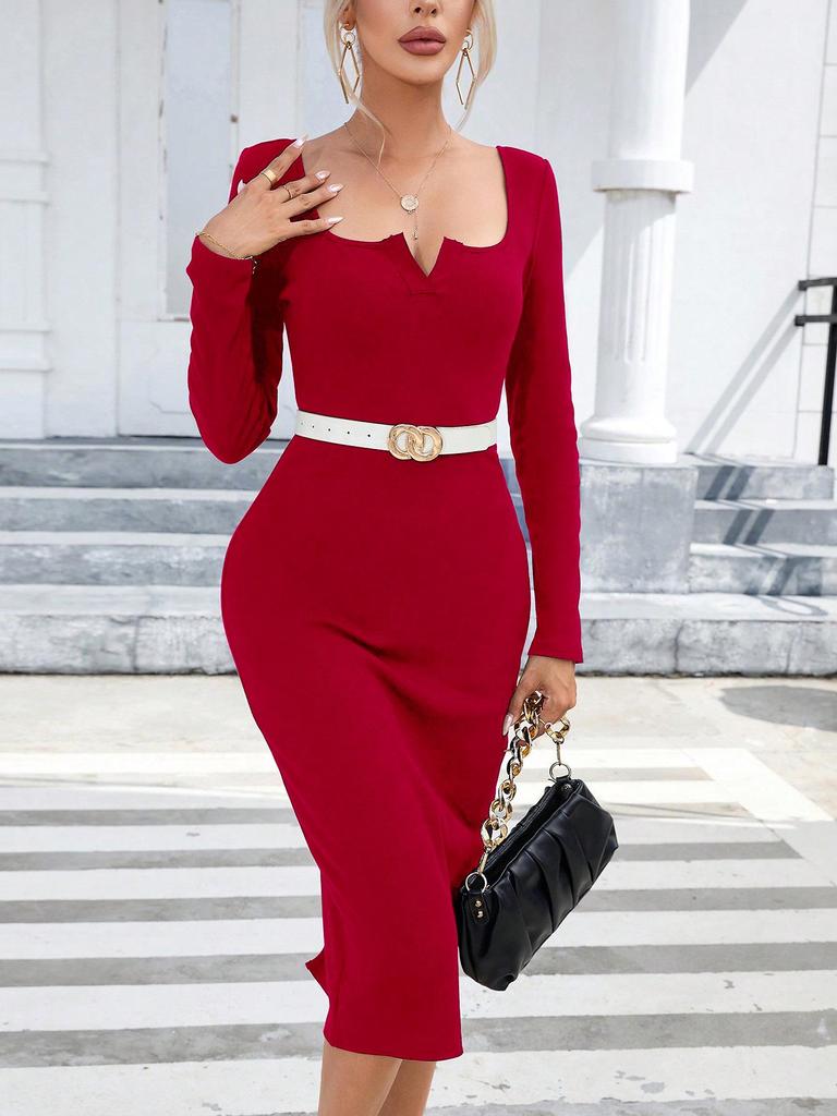 2024 European & American Square Neck Elegant Bodycon Dress with Back Hem Slit