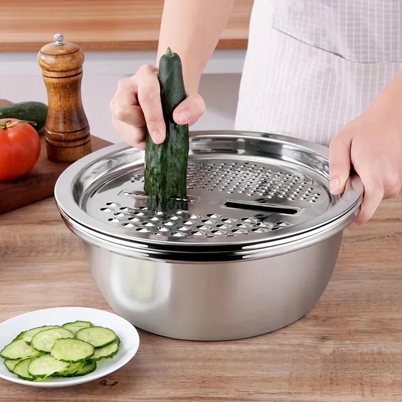 3 Piece Stainless Steel Mixing Bowl Set with Multifunctional Strainer for Fruit Veg Wash Slice