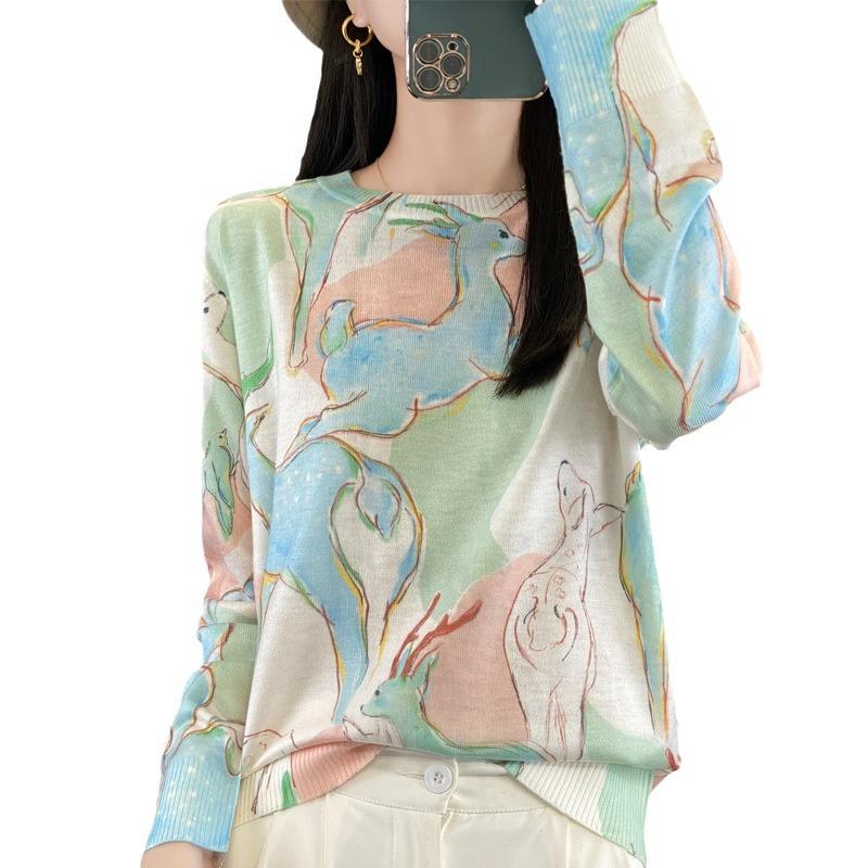 Sweter dzianinowy z okrągłym dekoltem damski letni cienki modny wszechstronny drukowany podkoszulek