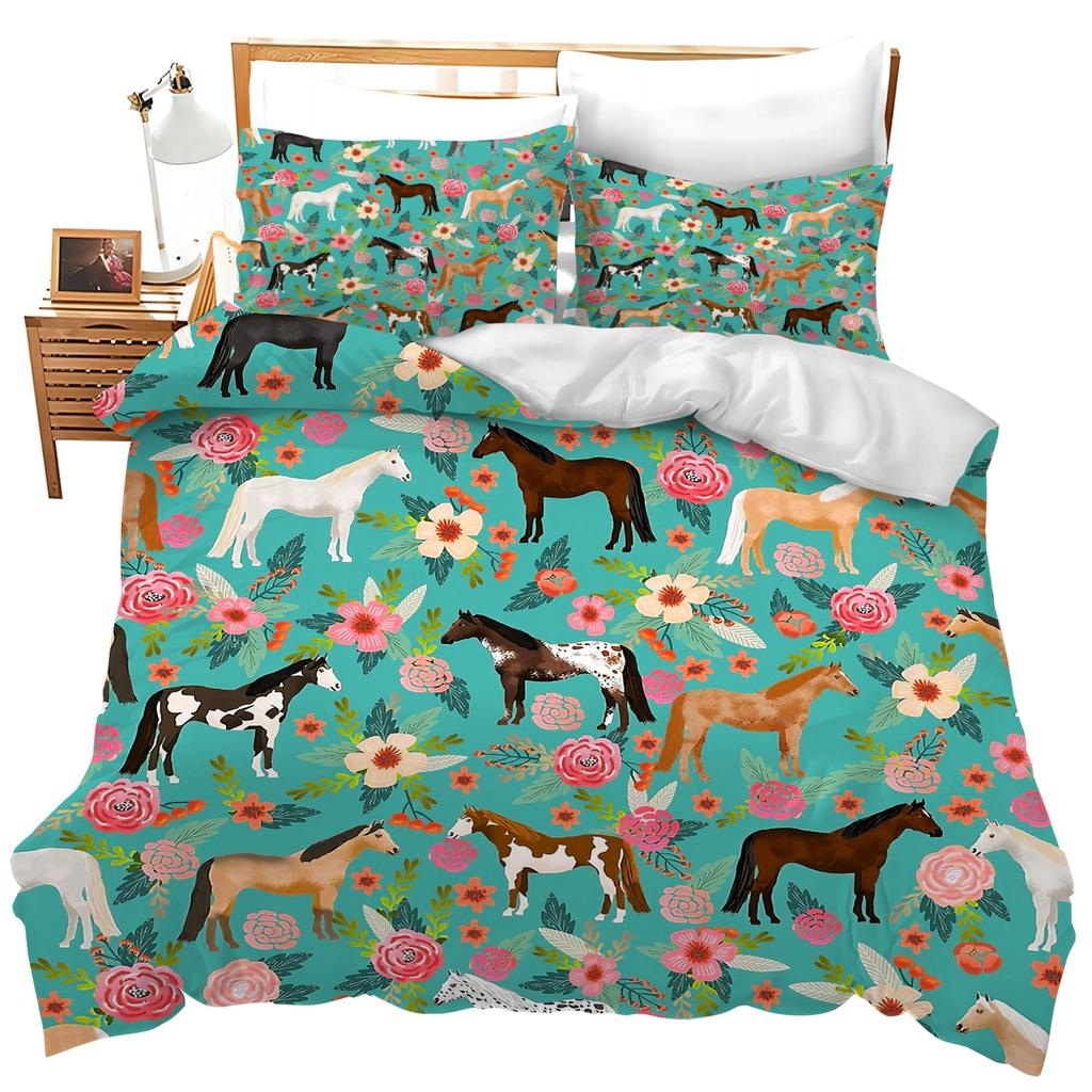 Comforter Horse Queen Size Wild Animals Bedding Set For Kids Girls Teens Dreamy Natural Flowers Plants Decor Comforter